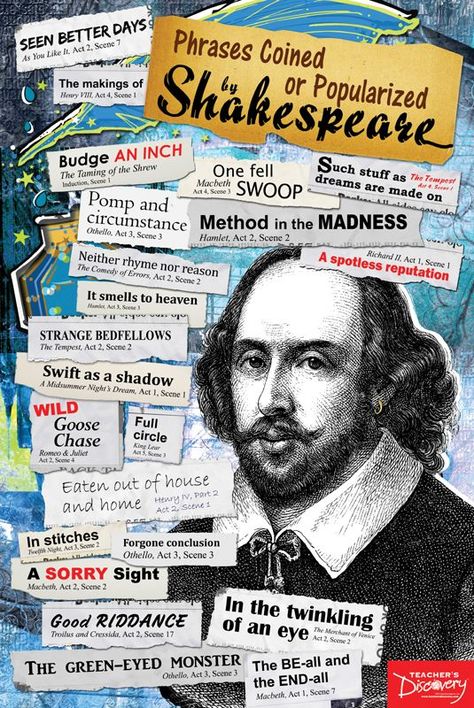 Phrases Popularized by Shakespeare -- This always surprises students! Shakespeare Poster, Teaching Shakespeare, Mums The Word, Shakespeare Quotes, The Bard, English Classroom, 9th Grade, High School English, Library Decor