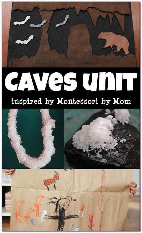 This Montessori-inspired caves unit includes ideas for learning about cave formations, growing crystals, creating cave art, building a cave scene, and doing cave-inspired math activities. || Gift of Curiosity Cave Bulletin Board Ideas, Caves Unit Study, Cave Baby Activities Eyfs, Cave Activity, Ideas For Learning, Cave Quest, Montessori Geography, Geography Activities, Growing Crystals