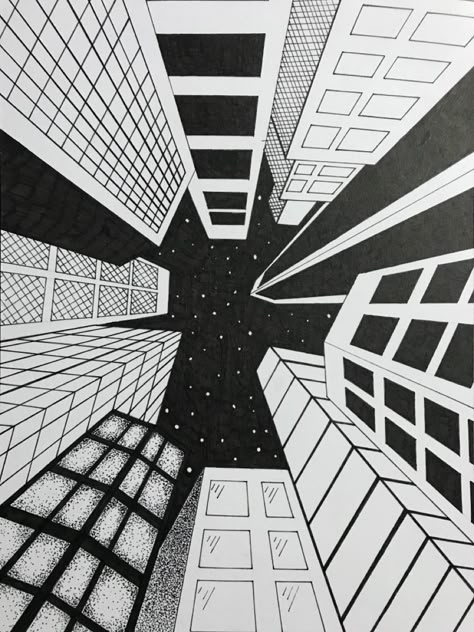 Drawing Of Buildings Easy, One Way Perspective Drawing, Perspective Art Buildings, Buildings Perspective Drawing, Point Perspective Drawing, Building Perspective Drawing, Easy Building Drawings, 3d Building Drawing, School Drawing Building