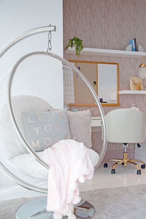 Dreamy Girls Bedroom, Idea Bilik Tidur, Reka Bentuk Bilik Tidur, Study Wall, Bubble Chair, Hiasan Bilik Tidur, Desk Area, Bedroom Decor For Teen Girls