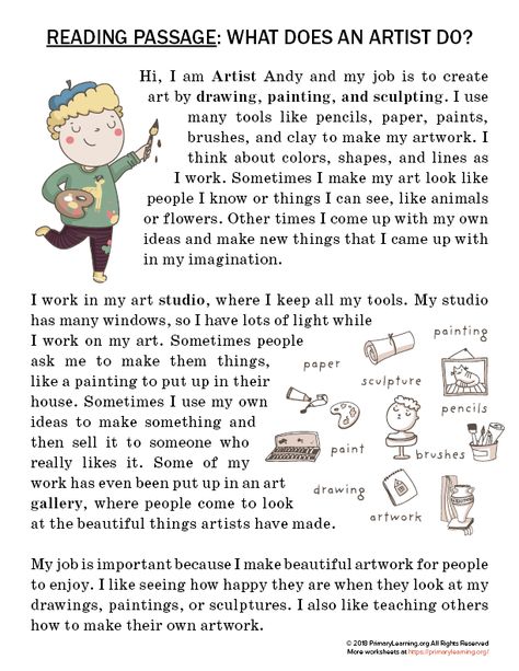 What does an artist do? Free printable artist reading passage for second-grade students. This reading worksheet will help students practice their comprehension skills. Kids encouraged to learn more about the topic and do a research using different sources.     The font style and size appropriate for grade 2 students. Each line has English Reading Skills, Speaking Topics, Free Reading Comprehension Worksheets, Struktur Teks, Esl Reading, Reading Comprehension Lessons, Short Text, Comprehension Skills, Reading Practice