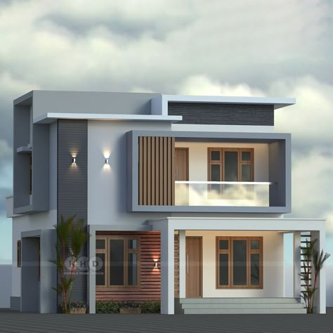 Contrast Exterior House Colors, Exterior Bunglow Color, Balcony Front Design, Balcony Designs Exterior, Front Colour Of House, Bungalow Exterior Colour, Modern House Colour Exterior, Outer Paint For House, Indian House Colour Outside