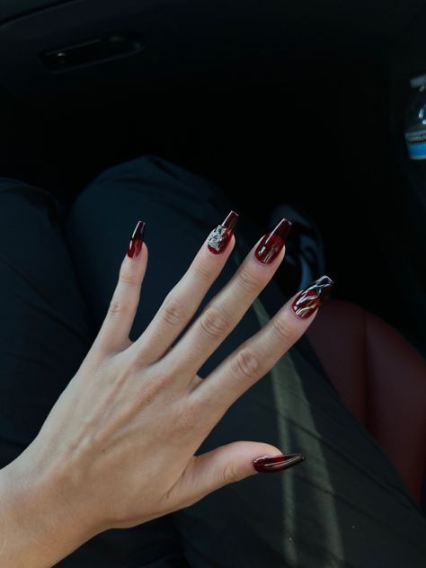 Long coffin shaped ruby dark red gel acrylics with silver teddy bear charm and design Dark Red Nails With Gems, Red Nails With Gems, Pixie Crystal Nails, Gel Acrylics, Nails Dark Red, Dark Red Nails, Dark Nails, Crystal Nails, Red Nails