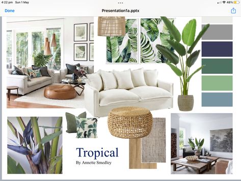 Gray And Rattan Living Room, Tropical Glam Living Room, Modern Tropical Mood Board, Tropical Moodboard Interior Design, Tropical Mood Board Interior, Caribbean House, Gray Sectional Living Room, Caribbean Decor, Hamptons Style Interior