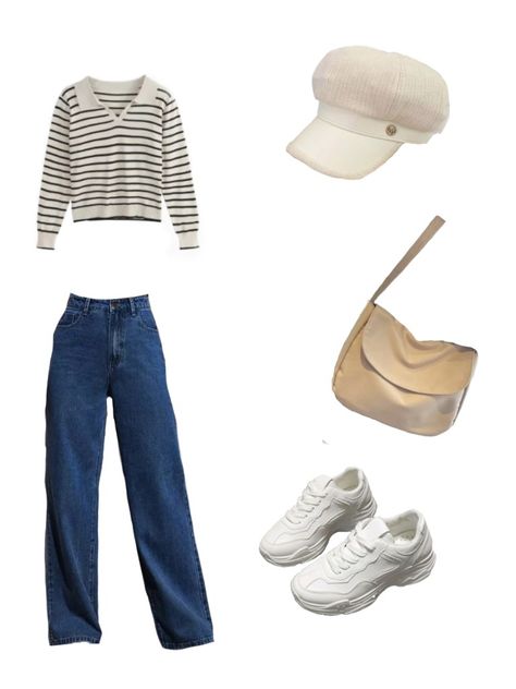 🥛 : striped sweater, white beret hat, wide leg jeans, white shoes, crossbody bag. Breton Hat Outfit, Beret Hat Outfit, Wide Leg Jeans White, Breton Hat, White Beret, Beret Outfit, Hat Outfit, Sweater White, Beret Hat