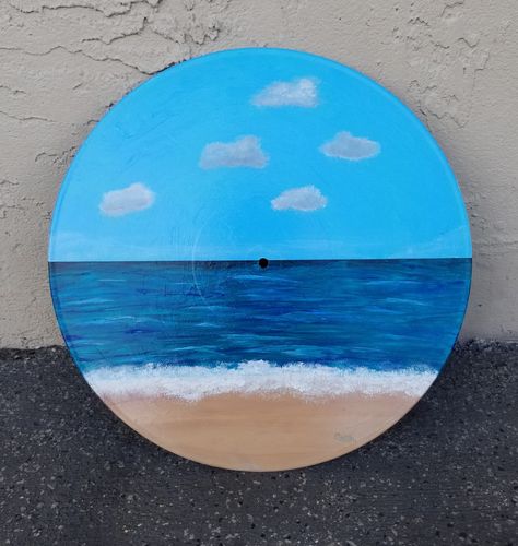 Beach Painting Circle Canvas, Painting On Records Vinyls, Painted Records Vinyl, Disk Art, Vinyl Painting, Painted Records, Vinyl Paintings, Beach Sunset Painting, Cd Painting