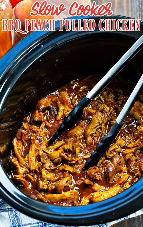 Slow Cooker BBQ Peach Pulled Chicken Crockpot Pulled Chicken, Peach Bbq, Bbq Pulled Chicken, Spicy Southern Kitchen, Peach Preserves, Easy Crockpot Chicken, Creamy Coleslaw, Slow Cooker Bbq, Southern Kitchen