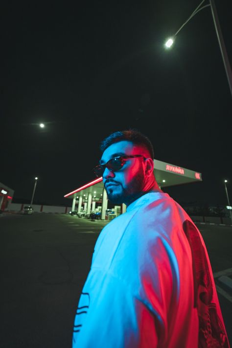 Low light, photography, street, red, blue, gas station, posing Gas Station At Night, Photoshoot Lights, Night Photography Portrait, At The Gas Station, Music Photoshoot, Neon Gas, Low Light Photography, Night Portrait, Party Photoshoot