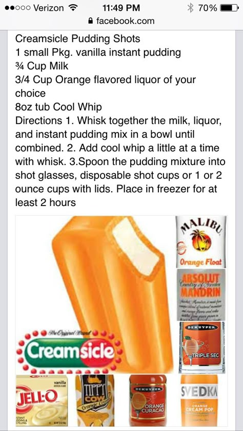 Orange Alcoholic Drinks, Alcohol Jello Shots, Pudding Shot Recipes, Shots Alcohol Recipes, Dessert Shooters Recipes, Best Jello Shots, Jello Pudding Shots, Flavored Liquor, Shooter Recipes