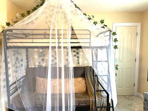 Cottagecore loft bed Canopy On Loft Bed, Cottagecore Loft Bedroom, Cottage Core Loft Bed, Cottagecore Loft Bed, Aesthetic Room Loft Bed, Korean Loft Bed, Aesthetic Room Storage, Aesthetic Loft Bedroom, Aesthetic Loft Bed