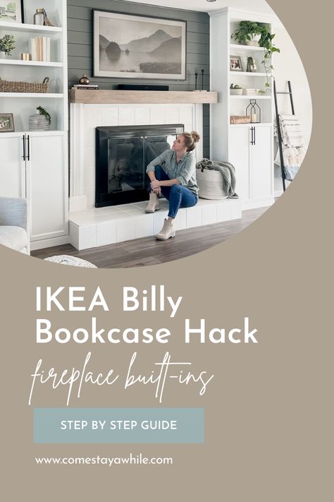 DIY Fireplace Built-Ins: IKEA Billy Bookcase Hack - Come Stay Awhile by Amanda Vernaci | Modern Farmhouse DIY + Home Renovation Built In Shelves Billy Bookcases, Adding Bookshelves Around Fireplace, Ikea Lack Shelf Built In, Faux Ikea Built Ins, Diy Built Ins Around Fireplace Ikea, Ikea Billy Bookcase Hack Built Ins Around Fireplace, Billy Bookcase Hack Fireplace, Ikea Bookshelf Fireplace, Ikea Cabinets Fireplace Built Ins