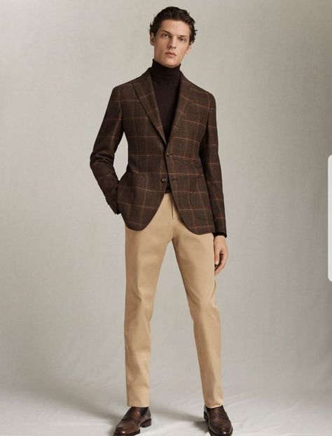 Brown Tweed Jacket Brown Checked Blazer Outfit, Brown Blazer Outfit Men, Brown Turtleneck Outfit, Check Blazer Outfit, Turtleneck And Blazer, Blazer Outfits Men, Smart Casual Menswear, Brown Suit, Turtleneck Outfit