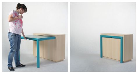 By Spanish designer Attua Aparicio Torinos. Posting from designklub.blogspot.com Pullout Desk, Apartemen Studio, Kitchen Ikea, Colour Splash, 광고 디자인, Casa Vintage, Small Space Solutions, Compact Living, Tiny Spaces