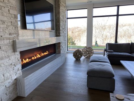 Open Gas Fireplaces | Modern Fireplaces without Glass Contemporary Fireplace With Tv, Linear Fireplace With Hearth And Mantle, Linear Fireplace With Hearth, Linear Fireplace With Mantle, Idaho Decor, Modern Linear Fireplace, Tiled Fireplaces, Linear Fireplaces, Fire Mantle