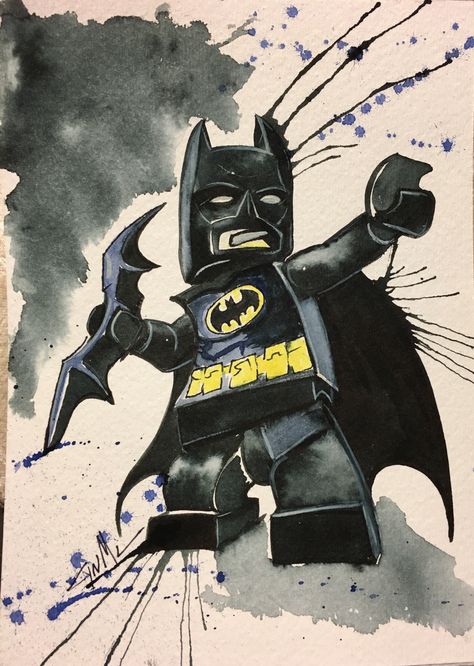 Watercolor of Batman Lego for Comicon!!! 😻 Batman Watercolor Painting, Lego Art Painting, Lego Batman Aesthetic, Lego Batman Drawing, Batman Painting Ideas, Lego Art Drawing, Lego Batman Tattoo, Batman Art Painting, Lego Illustrations