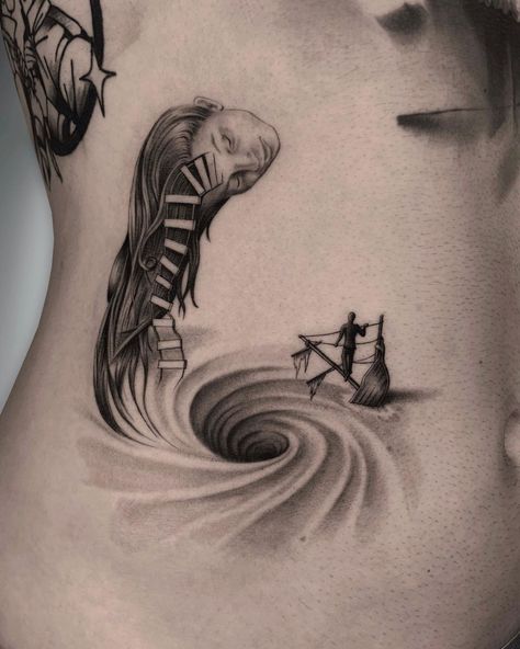 Small Realism Tattoo Men, Dark Horror Tattoo Designs, Surreal Art Tattoo, Shading Tattoo Designs, Fountain Tattoo, Surreal Tattoo Ideas, Visual Tattoo, Impressive Tattoos, Surrealistic Tattoo