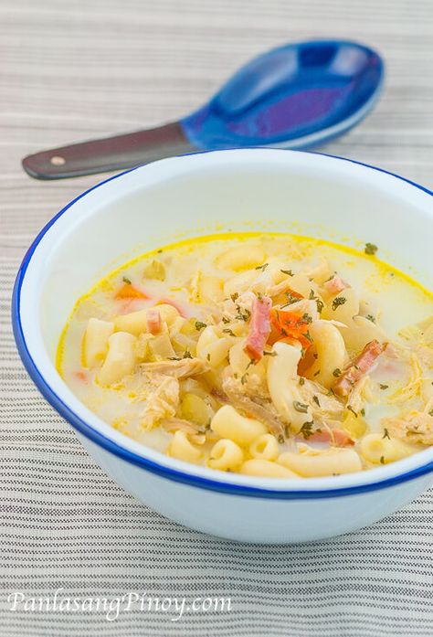 Filipino Chicken Macaroni Sopas Chicken Sopas, Chicken Macaroni Soup, Macaroni Soup Recipes, Filipino Delicacies, Chicken Macaroni, Noodle Dinner, Macaroni Soup, Soup Dish, Bowl Of Soup