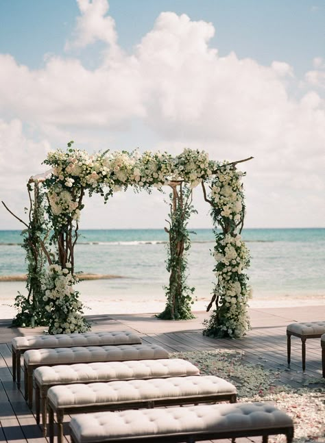 Lavish chuppah on the beach Beach Wedding Chuppah, Jewish Beach Wedding, Chuppah Beach, Beach Chuppah, Malaysian Wedding, Dahlia Wedding, Ceremony Decorations Outdoor, Lamb Dinner, Beach Wedding Locations