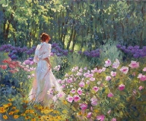 Auguste Toulmouche - A Young Woman in a Rose Garden Richard S Johnson, A Woman, Walking, Flowers, White