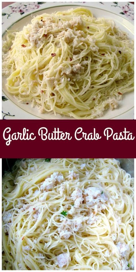 Sauteed garlic in butter tossed with flaked canned crab and mixed with angel hair pasta is perfect for dinner. It only takes a few minutes to make and is fancy enough for a special occasion. #crab #pasta #dinnerrecipes #garlic Angel Hair Pasta With Crab Meat, Garlic Butter Crab Pasta, Canned Crab Meat Recipes Pasta, Canned Crab Recipes Dinners, Crabmeat Pasta Recipes, Crab Recipes Pasta, Crab Flake Recipes, Crab And Pasta Recipes, Crab Scampi Pasta