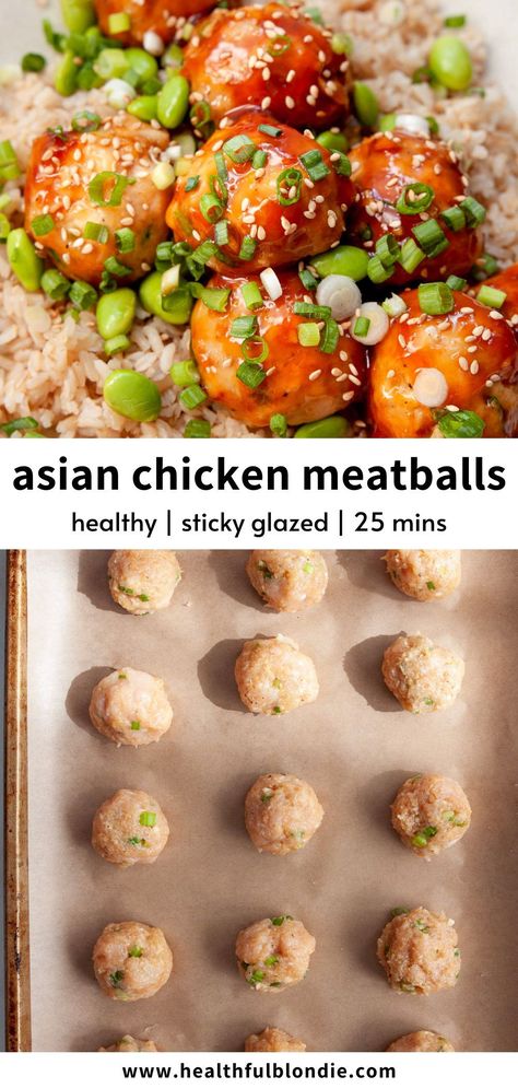 These sticky Asian chicken meatballs are sesame-glazed, moist, and super flavorful. The perfect easy and healthy under-30-minute weeknight dinner with the option to air fry or oven-bake! Bang Bang Meatballs, Asian Chicken Meatballs Healthy, Asian Meatball Recipes, Healthy Chicken Meatballs, Sticky Asian Chicken, Meatballs Healthy, Asian Chicken Meatballs, Chicken Meatballs Healthy, Blondie Recipes