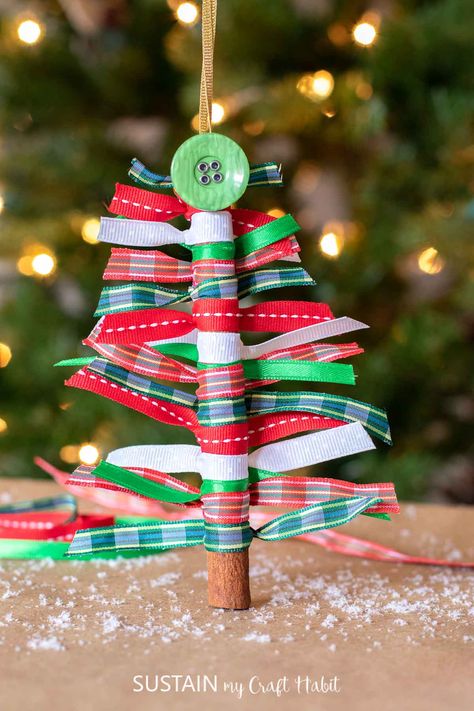 A Christmas craft for making tree ornaments using a cinnamon stick and colorful ribbon is fun, playful and a bit nostalgic. Class Christmas Gifts, Christmas Ribbon Crafts, Stick Christmas Tree, Traditional Christmas Cards, Ribbon Tree, Colorful Ribbon, Christmas Crafts For Adults, Easy Christmas Crafts, Boho Christmas