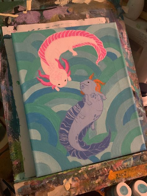 axolotl painting by izzygouge on ig Aesthetic Axolotl Drawing, Axolotl Painting, Axolotl Canvas Painting, Axolotl Watercolor Painting, Axolotl Fantasy Art, Axolotl Person Art, Axolotl Art, Art Ideas, Art Painting