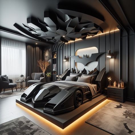 Batcave Bedroom, Concept Car Interior Design, Dc Bedroom, Batman Bedroom, Batman Room, School Dorm, Black Bed Frame, Marvel And Dc, Superhero Room