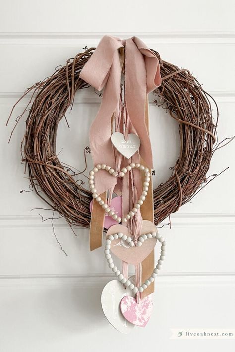 Boujee Farmhouse, Diy Valentines Wreath, Valentines Wreath Ideas, Wood Bead Valentine Wreath, Valentine’s Wreath Ideas, Winter Craft Ideas, Heart Wire Frame Wreath, Heart Wreath Form, Elderly Crafts