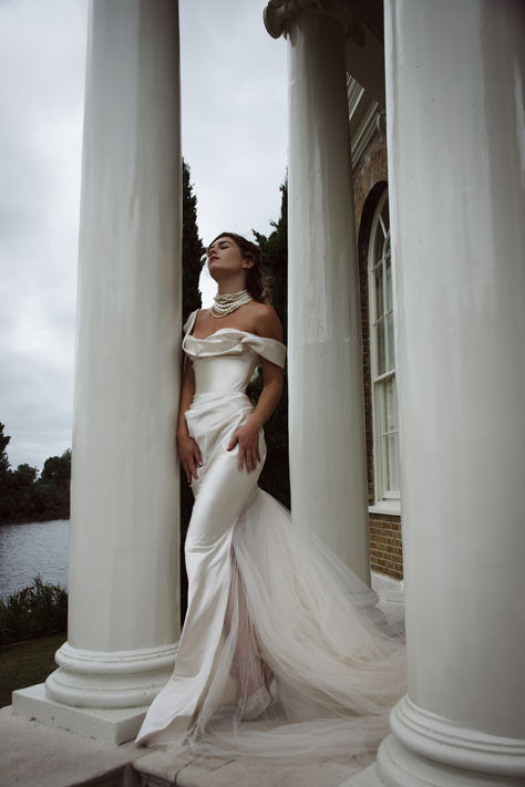 Duchess satin corseted wedding dress with assymetric neckline by Angelina Colarusso. Angelina Colarusso Wedding Gowns, Sculpted Wedding Dress, Angelina Colarusso, Wedding Dresses Modern, Pnina Tornai Wedding Dress, Fairy Tale Wedding Dress, Pnina Tornai, Couture Wedding Gowns, Wedding Dress With Veil