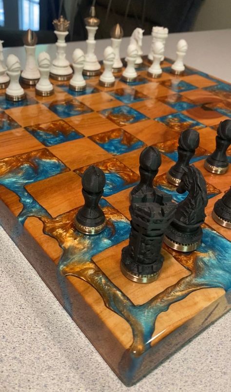 Epoxy Resin and solid Cherry wood Chess Board.  Will take requests for customization Made to order Epoxy Chess Board, Resin Chess Board, Fun Woodworking Projects, Checkerboard Table, Woodworking Items That Sell, Resin And Wood Diy, Wood Chess Board, Chess Boards, Chess Set Unique