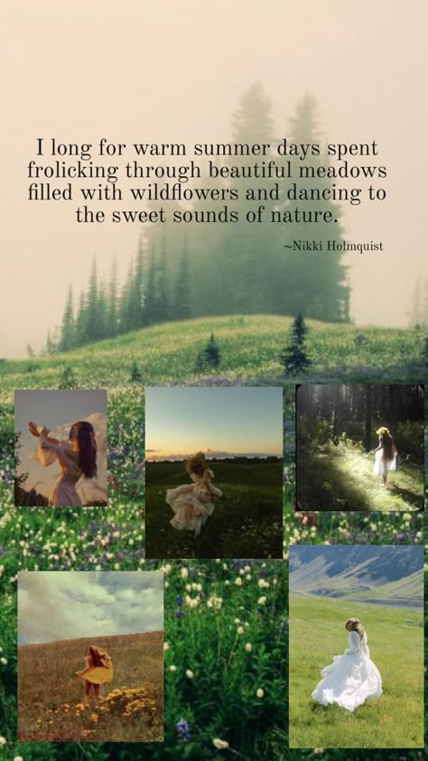 Frolicking, white dress, trees, wildflowers, free, summer, beauty, peace in nature Lyla Core, Sing Sweet Nightingale, Field Quotes, Meadow Aesthetic, Frolicking In A Field, Deep In The Meadow, Europe Life, Room Decorations Ideas, Glowing Heart