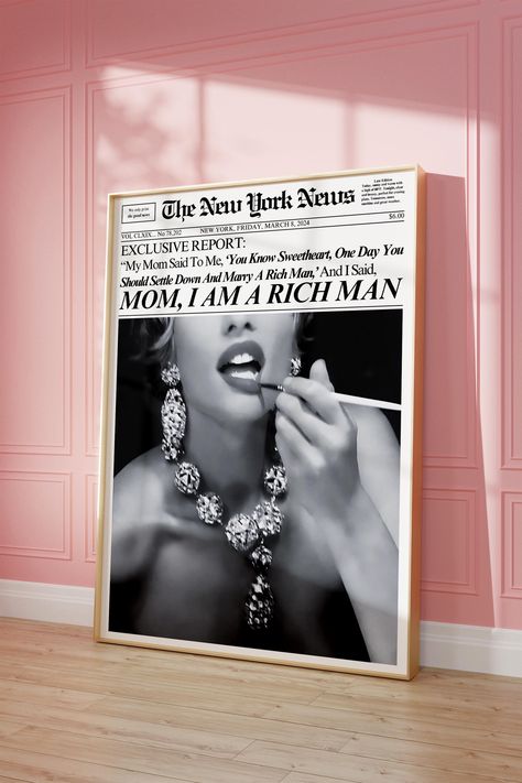 Add a touch of vintage charm and empowerment to your space with this newspaper aesthetic wall art print. Featuring the iconic headline, "My mom said to me, 'You know, sweetheart, one day you should settle down and marry a rich man,' and I said, 'Mom, I am a rich man,'" this piece combines retro flair with a bold statement. Perfect for office decor, trendy apartments, or any room needing a dose of personality, it's a playful nod to self-confidence and style. Embrace the Newspaper Print trend and Girly Prints, I Am A Rich Man, Girly Dorm, Newspaper Wall, Newspaper Art, Bar Cart Art, Dorm Wall Decor, Newspaper Printing, Rich Man