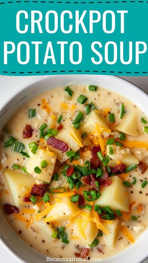 Cheesy Crockpot Potato Soup for a rich and comforting meal! This recipe combines tender potatoes with a creamy, cheesy broth for a soup that's perfect for any occasion. Ideal for family dinners and gatherings, this soup is sure to be a hit with everyone. With easy preparation and slow cooker simplicity, you can enjoy a delicious, homemade meal without the hassle. Save this pin for a cheesy crockpot potato soup recipe that will become a new favorite. Minimal Ingredient Crockpot Recipes, Potato Soup Crockpot Recipes, Potato Soup Crock Pot Easy, Crockpot Potato Soup, Easy Crockpot Soup, Crockpot Potato, Crockpot Lunch, Fall Crockpot Recipes, Cheesy Potato Soup