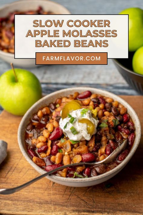 Slow Cooker Apple Molasses Baked Beans Molasses Baked Beans, Apple Molasses, Canned Baked Beans, Slow Cooker Apple, Slow Cooker Apples, Smoked Bacon, Granny Smith Apples, Granny Smith, Baked Beans