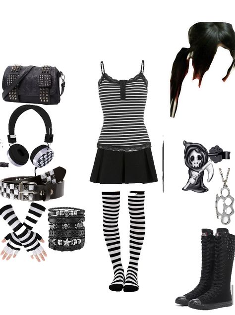 Black And White Emo Outfits, Black And White Scene Outfit, Black And White Alt Outfits, Scenemo Outfits, Black Emo Girl, Emo Girl Outfits, Goth Emo Outfits, Emo Outfits For Girls, Kiss Clothes