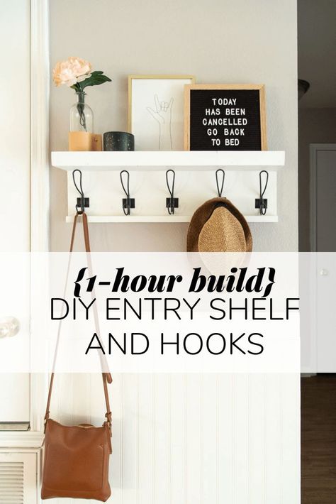 How to build a simple DIY wall shelf with hooks to hang in your entry. This simple project will take less than an hour and is a really cute and functional addition to your home! #entry #entryway #diy #shelf #diyshelf #hooks #wallhooks Diy Entry Shelf, Entry Shelf With Hooks, Diy Wall Shelf, Entry Shelf, Ladder Shelf Diy, Wall Shelf With Hooks, Bathroom Storage Hacks, Entryway Hooks, Shelf With Hooks