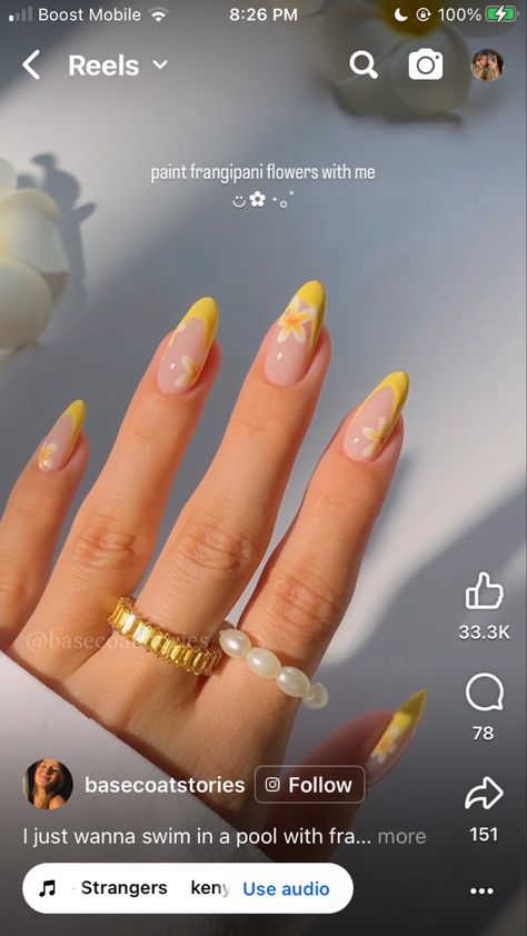 Yellow French Tip With Cherries, Sun French Tip Nails, Frangipani Nail Art, Frangipani Nails, Daisy Nail Art French Tip, Yellow Nails, Coffin Nails Designs, Almond Nails, Nail Tech