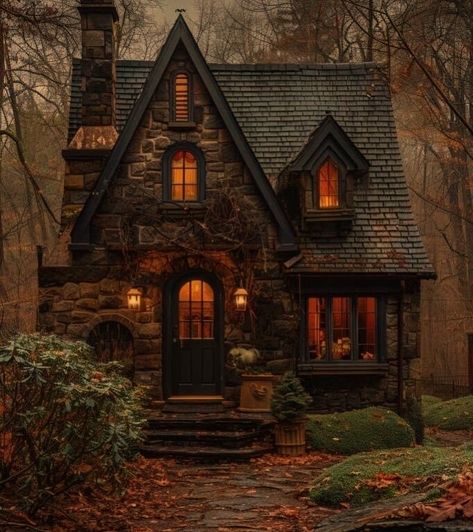 Dark Wood And Stone House Exterior, Fall Cottage House Exterior, Small Gothic Cottage, German Cottage House, Gothic Tiny House Plans, Witch’s House, Small Gothic House, Dark Academia House Exterior, Gothic Cabin