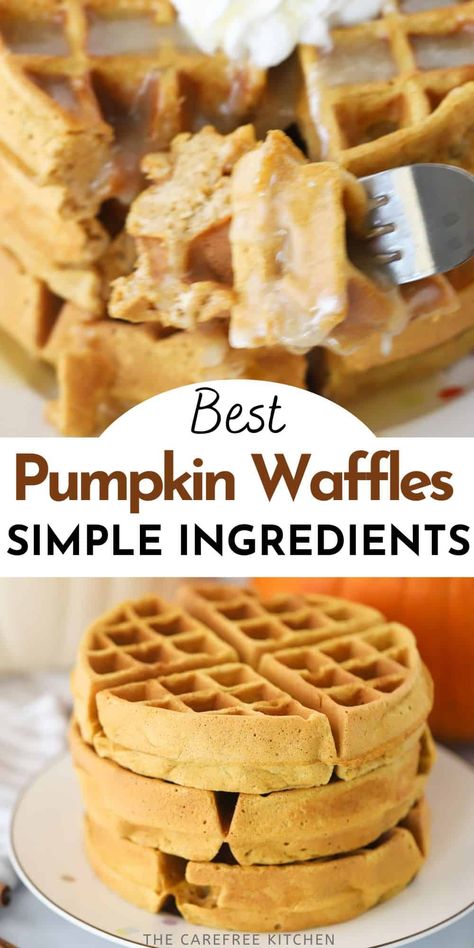 These light and fluffy Pumpkin Waffles are made with real pumpkin puree and lightly spiced with warm baking spices. Served with butter, maple syrup and your favorite toppings, they make the perfect sweet fall breakfast. #thecarefreekitchen #breakfast #pumpkin #waffles #fall #pumpkinspice Pumpkin Waffle Recipe, Real Pumpkin Puree, Pumpkin Waffles Recipe, Awesome French Toast Recipe, Pumpkin Spice Waffles, Baking Spices, Waffle Iron Recipes, High Protein Breakfast Recipes, Waffle Maker Recipes