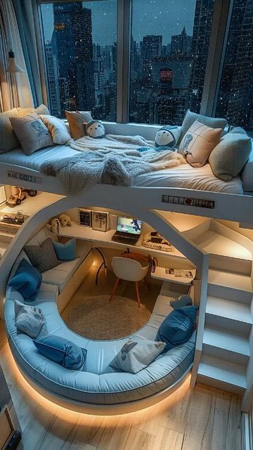 Cute House Ideas Interior, Dream Luxury Bedrooms, Dream Room Design, Dream Interior Design, Aesthetic Bunk Bed Rooms, Bed Nest Cozy Bedroom, Room Organization Bedroom Ideas, Awesome Bedrooms Dream Rooms, Cute Room Ideas For Small Rooms Bedrooms