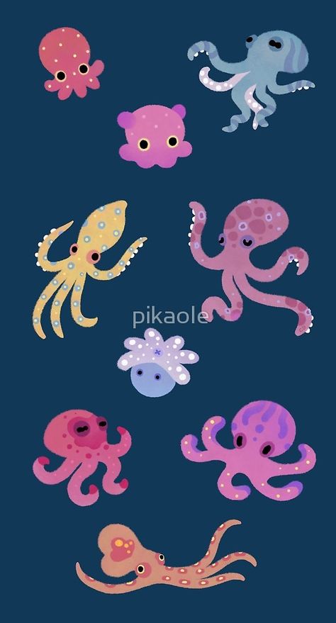 Cute Octopus Drawing Kawaii, Squid Illustration Cute, Cute Octopus Art, Octopus Illustration Cute, Cute Octopus Illustration, Octopus Cute Drawing, Octopus Drawing Cute, Cute Sea Animals Drawing, Octopus Character Design