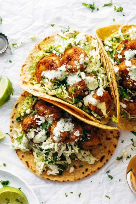 The Best Shrimp Tacos with Garlic Cilantro Lime Slaw - ready in about 30 minutes and loaded with flavor and texture. SO YUM! #tacos #tacotuesday #shrimp Shrimp Street Tacos, Best Shrimp Tacos, Shrimp Tortilla, Grilled Shrimp Tacos, Lime Slaw, Cilantro Lime Slaw, Spicy Shrimp Tacos, Lime Rice, Cilantro Lime Rice