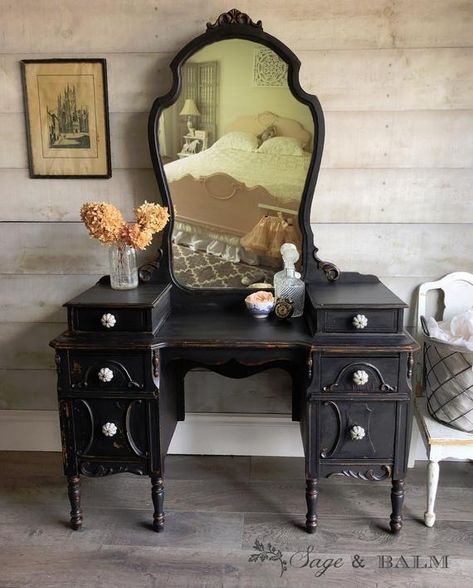 Painted Antique Vanity, Antique Vanity With Mirror, Dressing Table Black, Black Dressing Table, Antique White Desk, Antique Makeup, Black Dressing Tables, Vanity With Mirror, Vanity Makeover