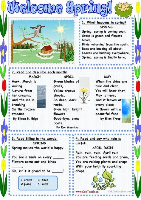 Poems About Spring, Spring Word Search, Snowman Writing, Spring Poem, Spring Vocabulary, Teach English Online, Spring Worksheet, Summer Worksheets, Spring Reading