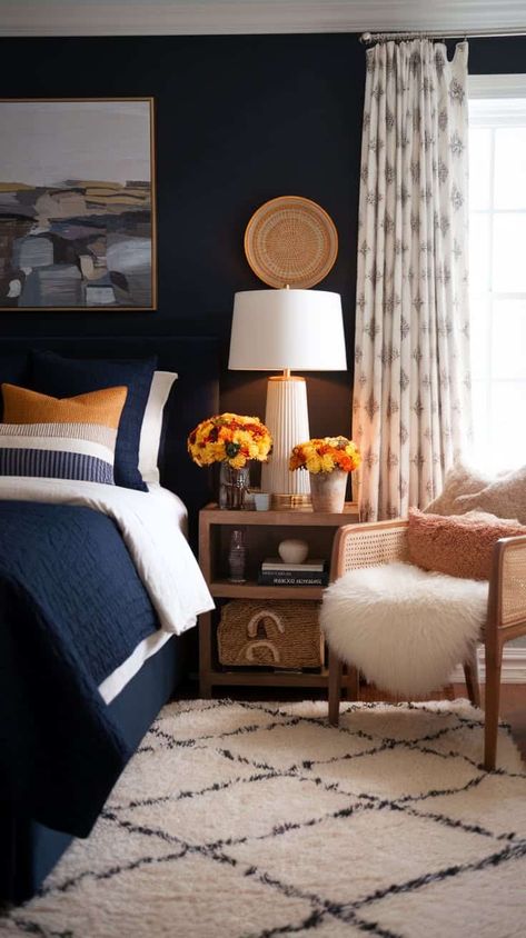 40+ Blue Cozy Bedroom Ideas you will Love Navy Blue Beige Bedroom, Navy Blue And Brown Bedroom, Blue Cozy Bedroom, Cozy Blue Bedroom, Cool Loft Beds, Bunk Bed Accessories, Bunk Bed Safety, Pillow Sizes Chart, Blue Bedrooms