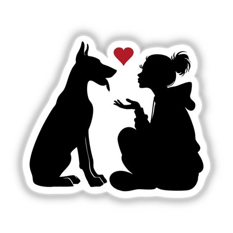 Silhouetted image of young girl petting Doberman dog with heart symbol above them Doberman Breed, Dog Line Drawing, Dog Design Art, Doberman Love, Doberman Dogs, Doberman Pinscher, Dog Stickers, Dog Memorial, Dog Trainer