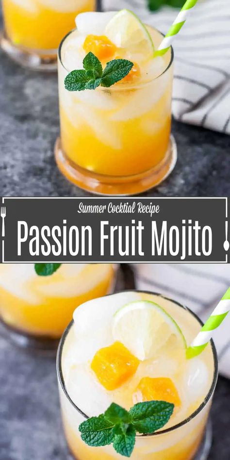 A Passion Fruit Mojito is a refreshing cocktail that pairs tropical fruit with lime and mint for a deliciously sweet alcoholic drink that is perfect for hot summer nights and entertaining at home. A frozen passion fruit puree, lime, and mint are all stirred together to create a summer cocktail that is a mix of sweet and tart. It's a great drink recipe for parties or just sipping a tropical drink on a hot summer night. Fruit Mojito Recipe, Best Rum For Mojitos, Sweet Alcoholic Drinks, Fruit Mojito, Passion Fruit Puree, Mango Margarita Recipe, Passion Fruit Mojito, Entertaining At Home, Make Simple Syrup