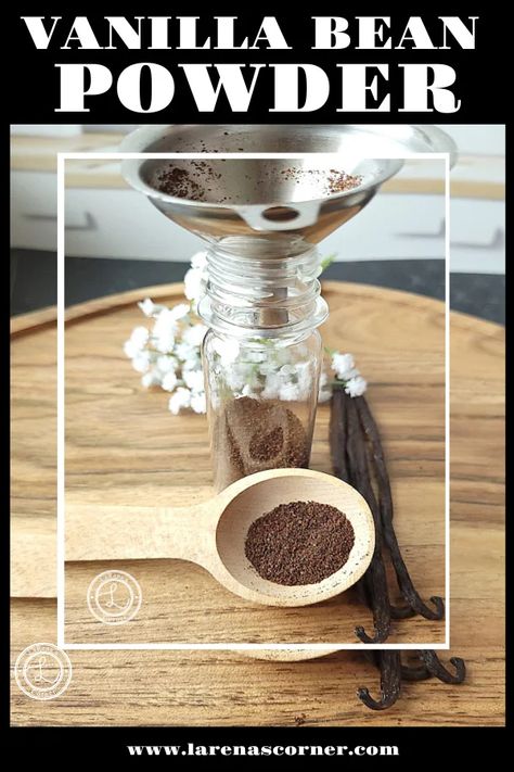 Top: A vanilla bean tube, vanilla bean pods, and a tablespoon full of the powder. Bottom: A funnel, vanilla beans, a small spice bottle of vanilla powder, more vanilla beans in a glass tube, and a spoon with powder in it lying on top. Vanilla Bean Pod Uses, How To Store Vanilla Beans, Vanilla Bean Paste Uses, Best Vanilla Beans For Extract, Vanilla Bean Powder, Iced Coffee Drinks, Grain Free Desserts, Homemade Spice Blends, Diy Spices