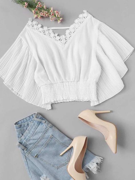 Lace Trim Pleated Sleeve Shirred Crop Top | SHEIN USA Mode Boho, Trendy Dress Outfits, Trendy Fashion Tops, Fashion Attire, Girls Fashion Clothes, Teenage Fashion Outfits, Teen Fashion Outfits, Primavera Estate, Girls Fashion